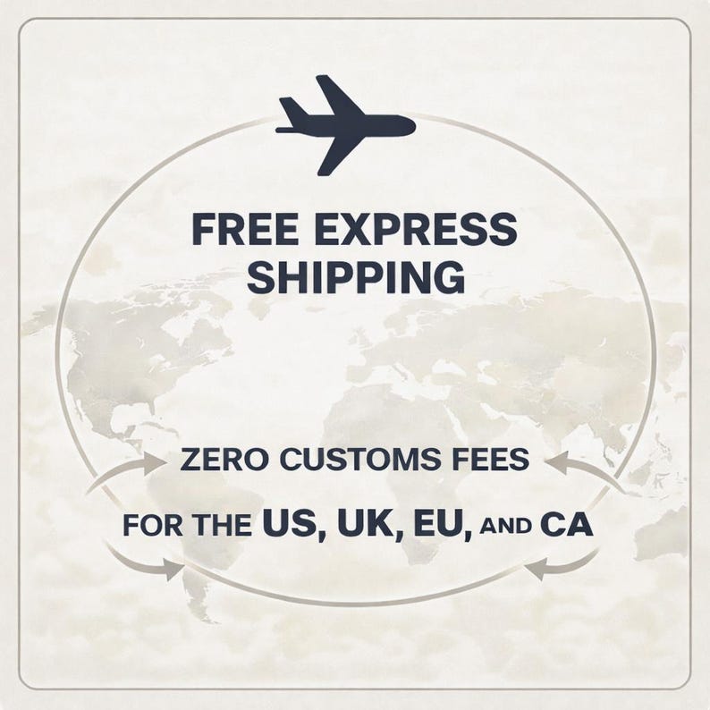 May include: An image with the text "FREE EXPRESS SHIPPING" above a world map graphic. Below, the text "ZERO CUSTOMS FEES FOR THE US, UK, EU, AND CA" is displayed with curved arrows. A black airplane graphic is at the top.