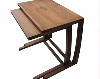 Handmade Solid Wood C-Shaped Side Table – Double Tier Laptop Stand & Sofa End Table