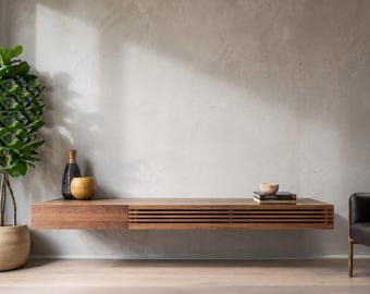 Custom Size Floating Solid Wood Tv Stand, Hardwoood Media Console, Wooden Slats Media Center