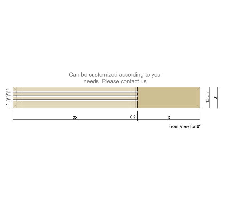 Peut inclure: Un objet rectangulaire beige avec des lignes parall&egrave;les, avec des mesures. Les dimensions sont indiqu&eacute;es comme 15 cm de haut. Le texte indique "Peut &ecirc;tre personnalis&eacute; selon vos besoins. Veuillez nous contacter."