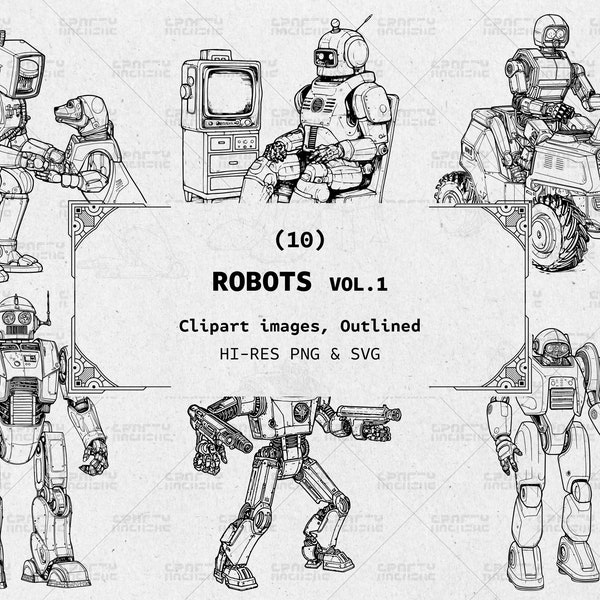 10 Robots Clipart, Outlines, Digital Download, PNG, SVG