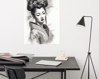 May include: Black and white drawing of a woman with a traditional Japanese hairstyle and kimono. The woman is looking down and has a serene expression.