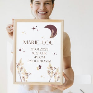 Birth Date Photo Personalized with Moon & Stars - Baby Poster to Print - Simple Birth Poster Template - Nursery Poster