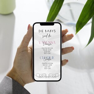 Geboortekaartje van een tweeling in het Duits - afbeelding van geboortegegevens als digitaal babykaartje - geboorteposter broers en zussen - babyverrassing Canva-sjabloon