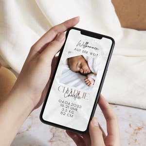 Geburtsanzeige deutsch im minimalistischen Stil - Geburt verkünden digital mit Canva Template - Willkommen auf der Welt - Das Baby ist da