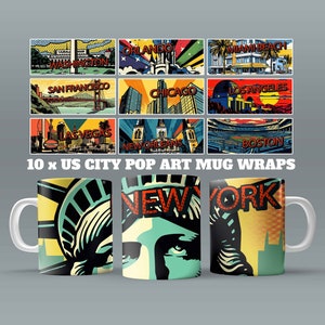 10x US Cities Mug Wraps, Pop Art Mug Sublimation Design, US States Mug Wrap, Mug Design, Mug Sublimation, 11oz Mug Png, 15oz Mug PNG