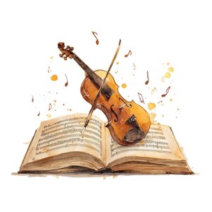 May include: Watercolor illustration of a violin with a bow resting on an open book of sheet music. The violin is brown with a dark brown bow. Musical notes and yellow paint splatters are scattered around the violin and book.