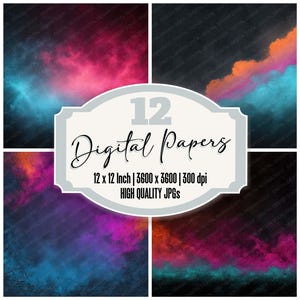 Puede incluir: Un diseño de arte digital con cuatro paneles que muestran fondos abstractos coloridos en tonos de azul, rosa, naranja y morado. La imagen incluye el texto "12 Digital Papers", con detalles de tamaño y resolución.