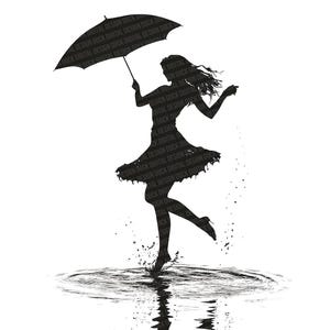 12 Danse femme Silhouette PNG Clipart, clipart scène de pluie parapluie, PNG de haute qualité, téléchargement numérique, Images de scrapbooking, fabrication de cartes