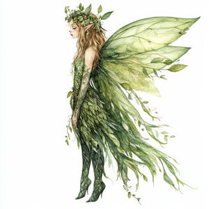 Watercolor Fairy PNG Clip Art, 12x Forest Fairy Clipart Set, Green Leaf ...