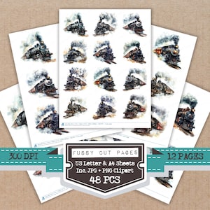 May include: Sheets of paper featuring watercolor illustrations of vintage steam trains, with billowing smoke. The image includes the text "Fussy Cut Pages", "US Letter & A4 Sheets", "Inc. JPG + PNG Clipart", "48 PCS", "12 PAGES", and "300 DPI".