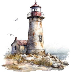 Phare PNG Clipart, 12 x illustrations côtières aquarelles, clipart imprimable, téléchargement numérique, travaux manuels en papier, lot de journaux indésirables