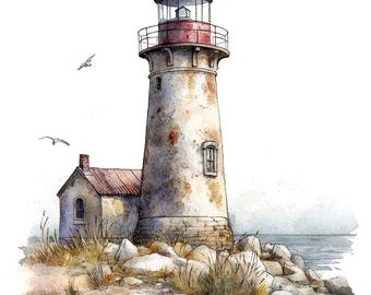 Lighthouse PNG Clipart, 12x Watercolor Coastal Illustrations, Printable Clip Art Set, Digital Download, Paper Crafts, Junk Journal Bundle