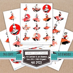 Op de afbeelding: Een verzameling van 'fussy cut' pagina's met aquarel illustraties van vrouwen in vintage jurken. De afbeeldingen zijn in rood, zwart en wit. De pagina's bevatten de tekst "Fussy Cut Pages", "US Letter & A4 Sheets" en "48 PCS".