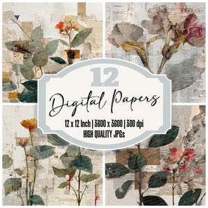 12 étiquettes de manuels Bloom Ghost Junk, papier pour journal de haute qualité JPG, collage floral, arrière-plans en papier imprimable, paquet de papier numérique
