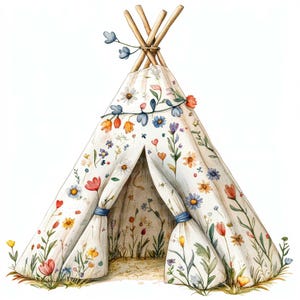 Clipart de tenda floral, tenda boho infantil aquarela, clipart para impressão, artesanato em papel, JPGs de alta qualidade, download digital, tenda de brincadeira infantil