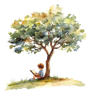 Enfant lisant sous l'arbre scène PNG Clipart, 12 x garçon livre lecture Clip Art ensemble, Illustration imprimable, téléchargement numérique, créations en papier