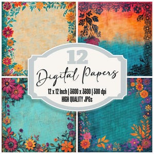 May include: Twelve digital papers with a floral border design. The papers feature a variety of colors, including turquoise, orange, yellow, and pink. The papers are 12 inches by 12 inches and have a resolution of 3600 x 3600 pixels at 300 dpi.