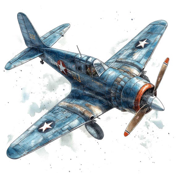 アメリカ軍の飛行船の水彩画 30x40cm 水彩画風戦闘機クリップアート12点、ビンテージ軍用機アート、印刷可能