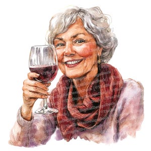 Senior vrouw illustraties, 12 x aquarel dame met wijn clipart set, ontspannende kunst, digitale download, papier ambachten, ongewenste dagboek, plakboek