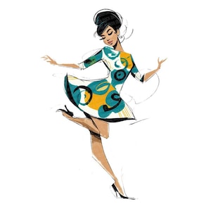 Puede incluir: Ilustración de una mujer con un vestido de estilo vintage con un estampado en verde azulado, amarillo y negro. El vestido tiene mangas cortas y una falda acampanada. La mujer lleva tacones negros y tiene el pelo recogido en un moño.