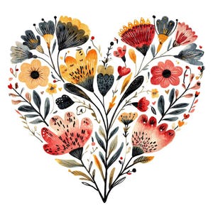 May include: A watercolour painting of a heart-shaped arrangement of colourful flowers. The flowers are in shades of red, yellow, orange, and blue, and they are arranged in a heart shape. The painting is on a white background.