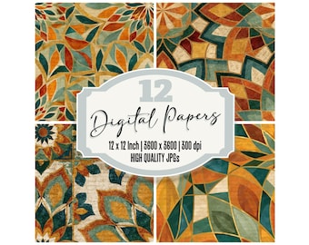 12x Seamless Mandala Junk Journal Paper Abstract Geometric Digital Paper Pack Amber Sage Parchment Backgrounds Scrapbook Paper Digital
