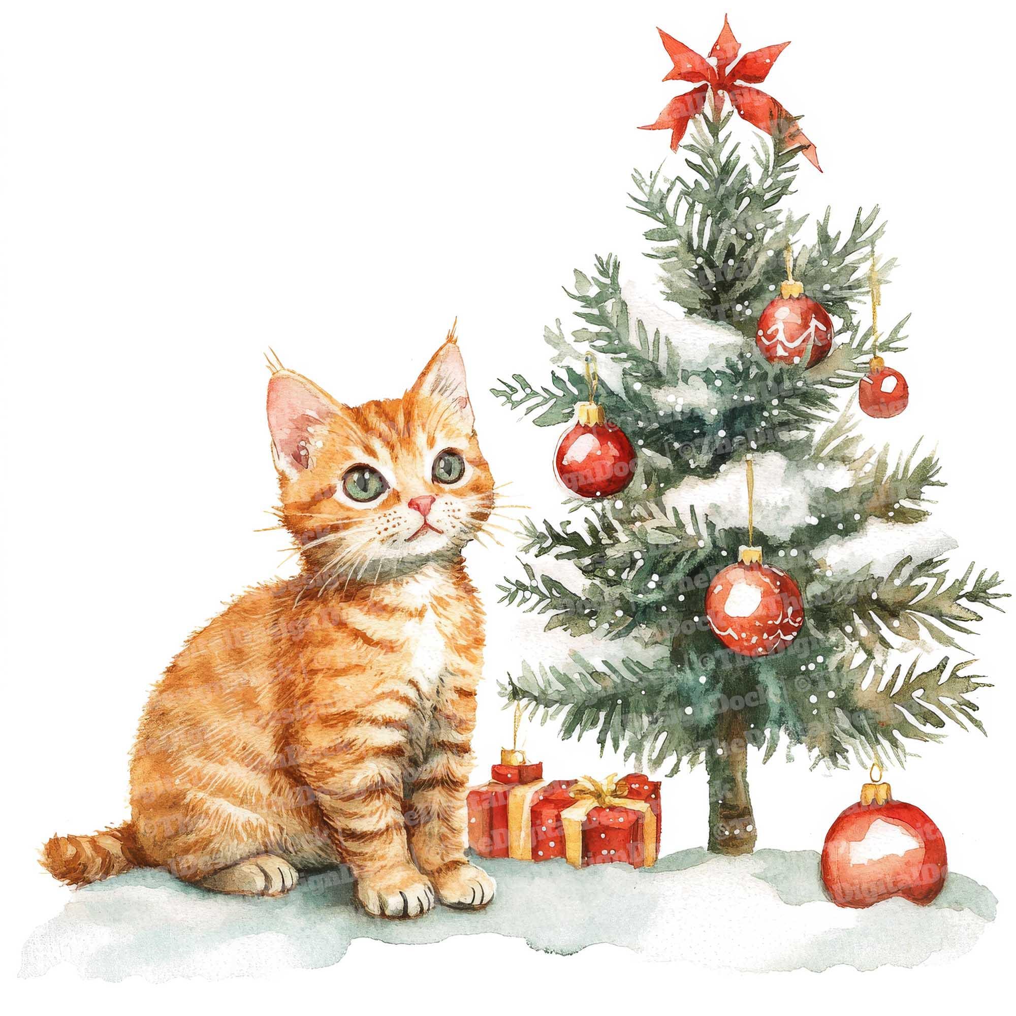12x クリスマス猫のクリップアート、猫とクリスマスツリーの水彩画、高