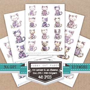 May include: Sheets of stickers featuring watercolor illustrations of adorable kittens in various poses, holding hearts and wearing bows. The stickers are in shades of purple, gray, and white. The image includes the text "Fussy Cut Pages" and "48 PCS".