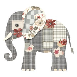 May include: A whimsical patchwork elephant illustration. The elephant is primarily gray with a plaid pattern, adorned with floral patches in red, cream, and beige. A button and ivory tusks add detail to the design.