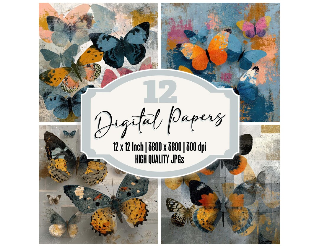 Butterfly Collage Junk Journal Paper Pack 12 Vintage Layered Butterfly ...