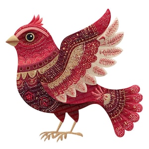 May include: A decorative illustration of a red bird with intricate patterns and textures. The bird features a crest, detailed wings, and a tail, all in shades of red, burgundy, and gold. The bird is standing on gold-colored legs against a white background.