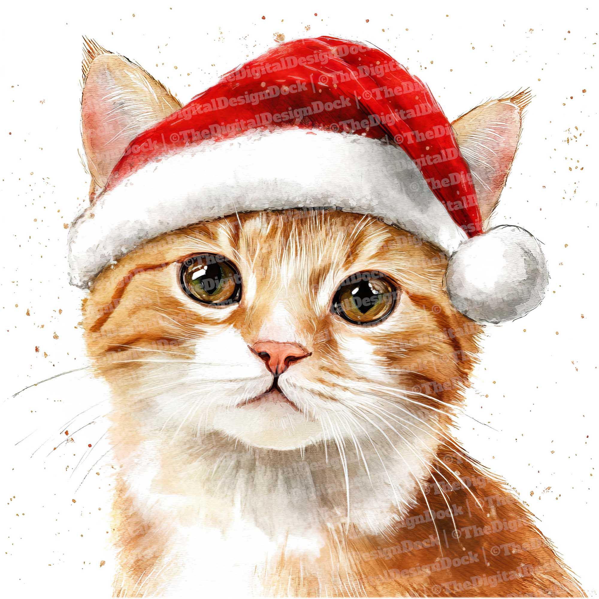 クリスマス猫のクリップアート、12 枚のサンタ猫の水彩クリップアート