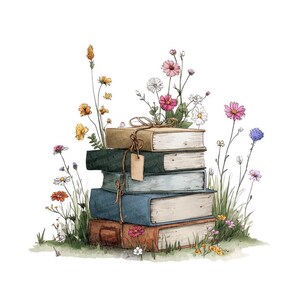 May include: A watercolor illustration of a stack of books with a brown ribbon and tag. The books are surrounded by colorful wildflowers and green grass, creating a whimsical and natural scene.