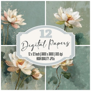 12 fogli di carta da giornale con fiori di loto, carta digitale verde salvia, JPG di alta qualità, carta per scrapbooking stampabile, sfondi botanici