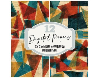 12x Halftone Maritime Flags Junk Journal Paper Rust Turquoise Geometric Digital Paper Pack Textured Scrapbook Paper Papier Decoupes JPGs