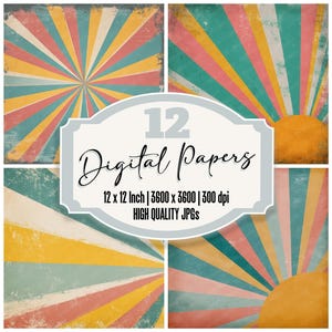 May include: A digital paper set featuring four square designs with a vintage sunburst pattern in shades of teal, coral, yellow, and orange. The image includes the text "12 Digital Papers" and details about the paper size and resolution.