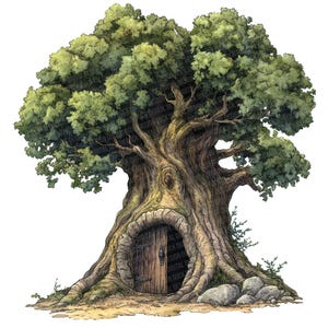 May include: A large, green tree with a door carved into its trunk. The tree is surrounded by rocks and dirt.