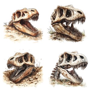 T-Rex Skull PNG Clipart, 12x Dinosaur Fossil Clip Art Set, Printable Watercolor Clip Art, Paper Crafts, Digital Download,Junk Journal Bundle