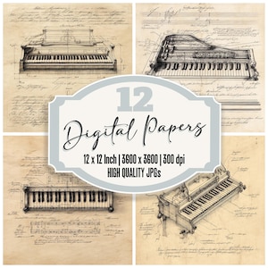 May include: Set of 12 digital papers featuring vintage illustrations of pianos. Each paper is 12 inches by 12 inches and 3600 pixels by 3600 pixels at 300 dpi. High quality JPGs.