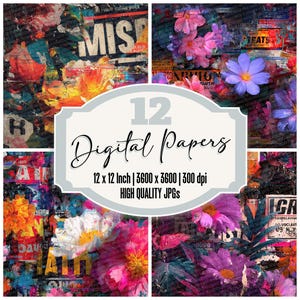 12x Billboard Neon Glitch Flower Junk Journal Paper Vibrant Floral Design High Quality JPGs Digital Paper Pack Printable