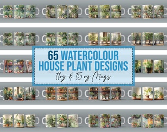 65x Watercolor House Plants PNG Mug Wraps for 11 oz 15oz Sublimation Mug Bulk Bundle Mug Wrap Downloads PNG Indoor Plant Flowers Leaves