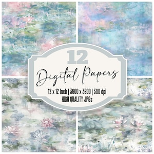 12x Monet Inspired Junk Journal Paper, Pacote de papel digital Water Lily, Fundo floral impressionista, JPGs de alta qualidade, Papel para scrapbook