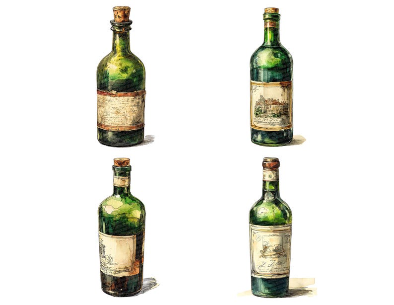 12x Green Wine Bottle PNG Clipart, Vintage Label Bottles Clip Art Set ...
