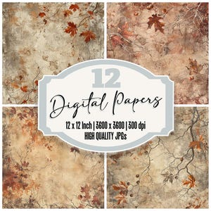 Fall Leaves Junk Journal Paper Pack, 12x Vintage Autumn Digital Papers, Distressed Crackled Background, High Quality JPGs, Digital Download