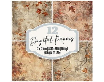 May include: Twelve digital papers featuring a distressed, textured background with autumn leaves and branches in shades of brown, orange, and red. The papers are 12 inches by 12 inches and 3600 pixels by 3600 pixels at 300 dpi.