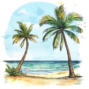12 x palmier plage PNG Clipart, aquarelle océan Clip Art ensemble, PNG tropical imprimable, téléchargement numérique, travaux manuels de vacances, journaux indésirables