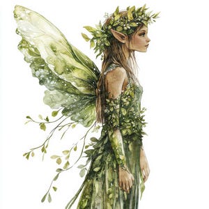 Watercolor Fairy PNG Clip Art, 12x Forest Fairy Clipart Set, Green Leaf ...