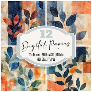 Paquete de 12 hojas azules y naranjas para diario basura, papel digital abstracto recortado, archivos JPG de alta calidad, papel para álbum de recortes con textura manuscrita, descarga