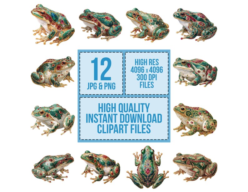 12x Watercolor Frog PNG Clipart, Jewel Adorned Frogs Clip Art Set ...
